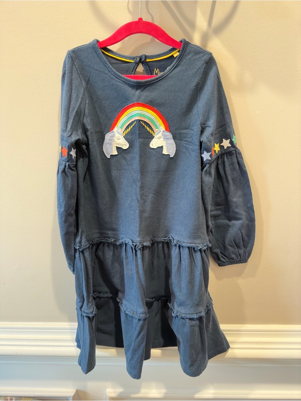 Mini Boden Girls Navy Unicorn Rainbow Tiered Long-Sleeve Dress